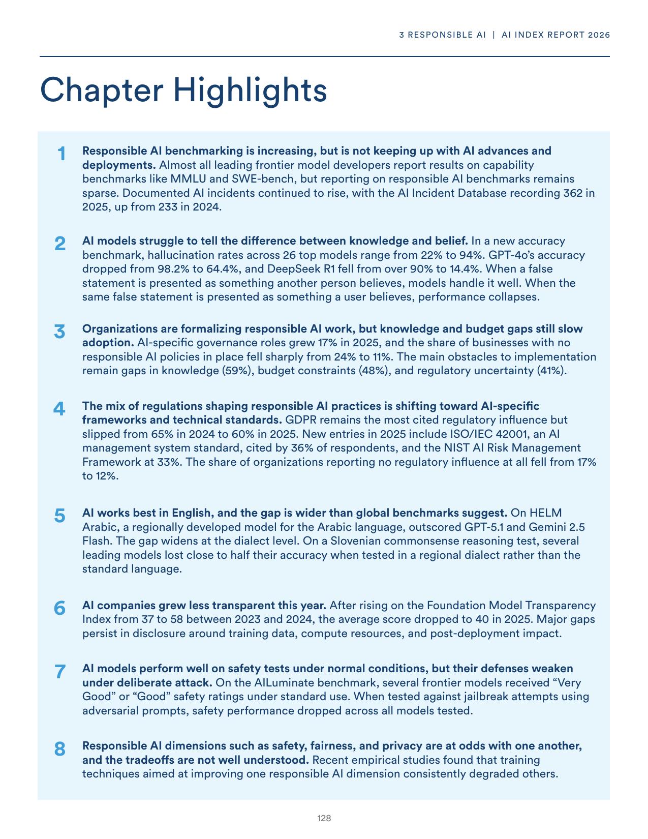 Chapter 3 highlights from the AI Index 2026, summarizing responsible AI benchmarking, incidents, governance, transparency, safety, and tradeoffs