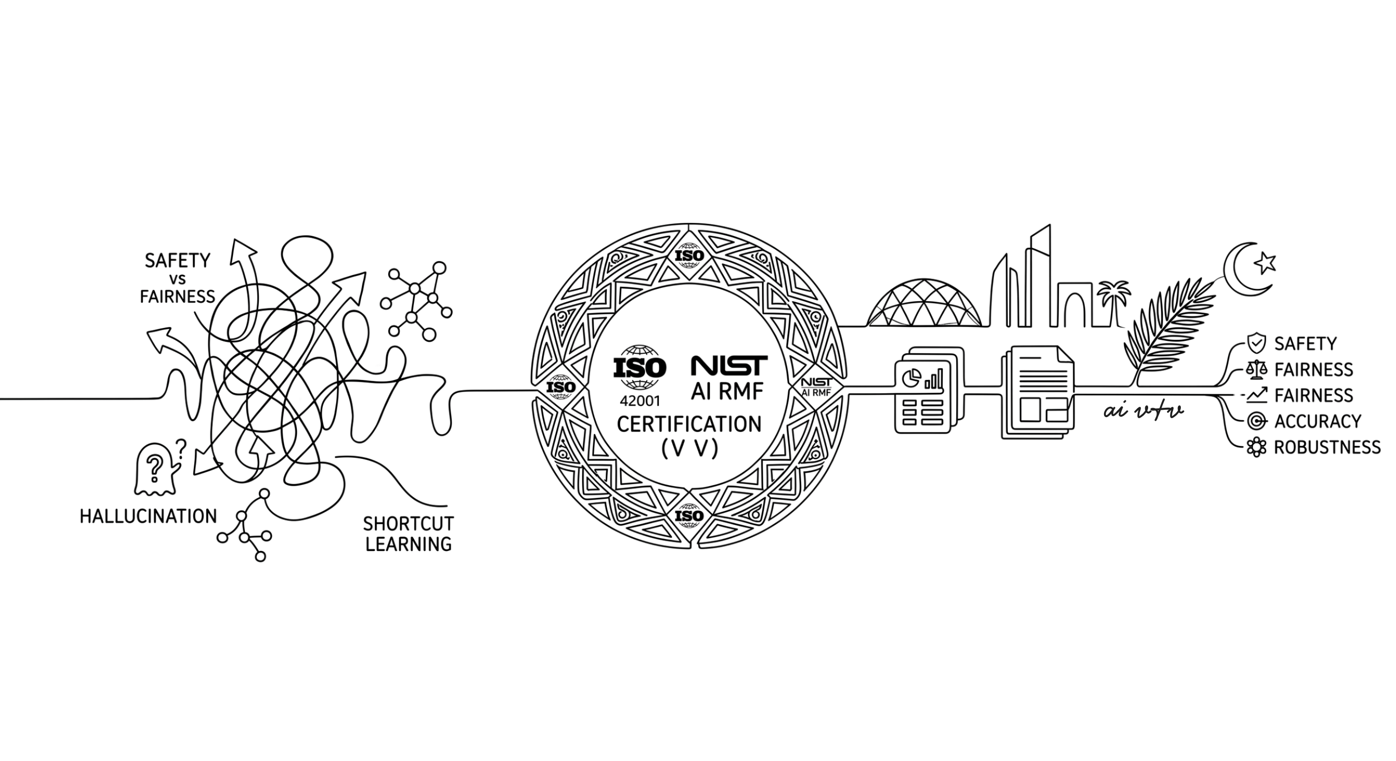AI V&V certification pipeline illustration showing challenges like hallucination and shortcut learning flowing through ISO 42001 and NIST AI RMF certification to outcomes of safety, fairness, accuracy, and robustness