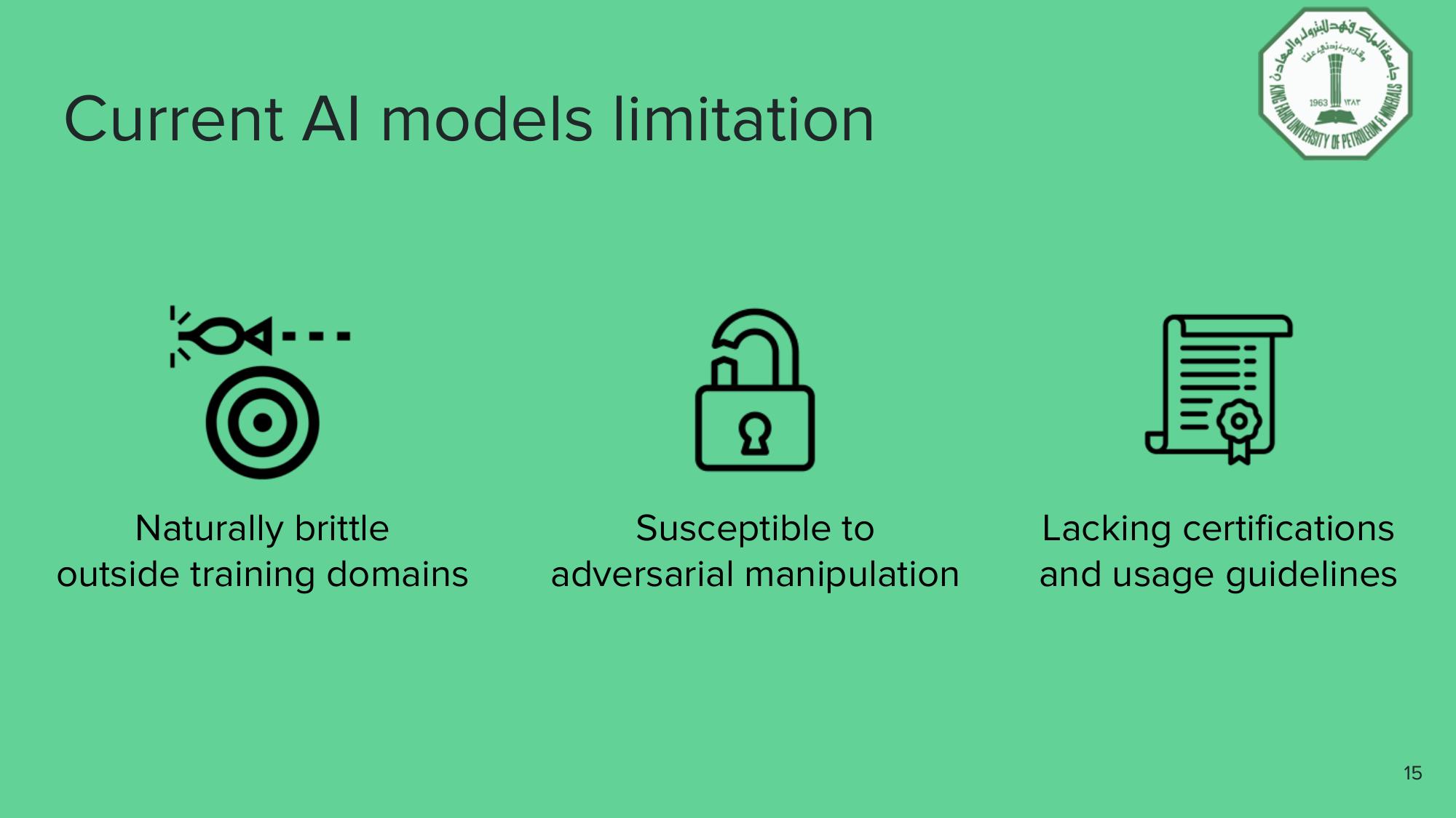 Current AI models have three core limitations: brittleness outside training domains, susceptibility to adversarial manipulation, and a lack of certifications and usage guidelines.