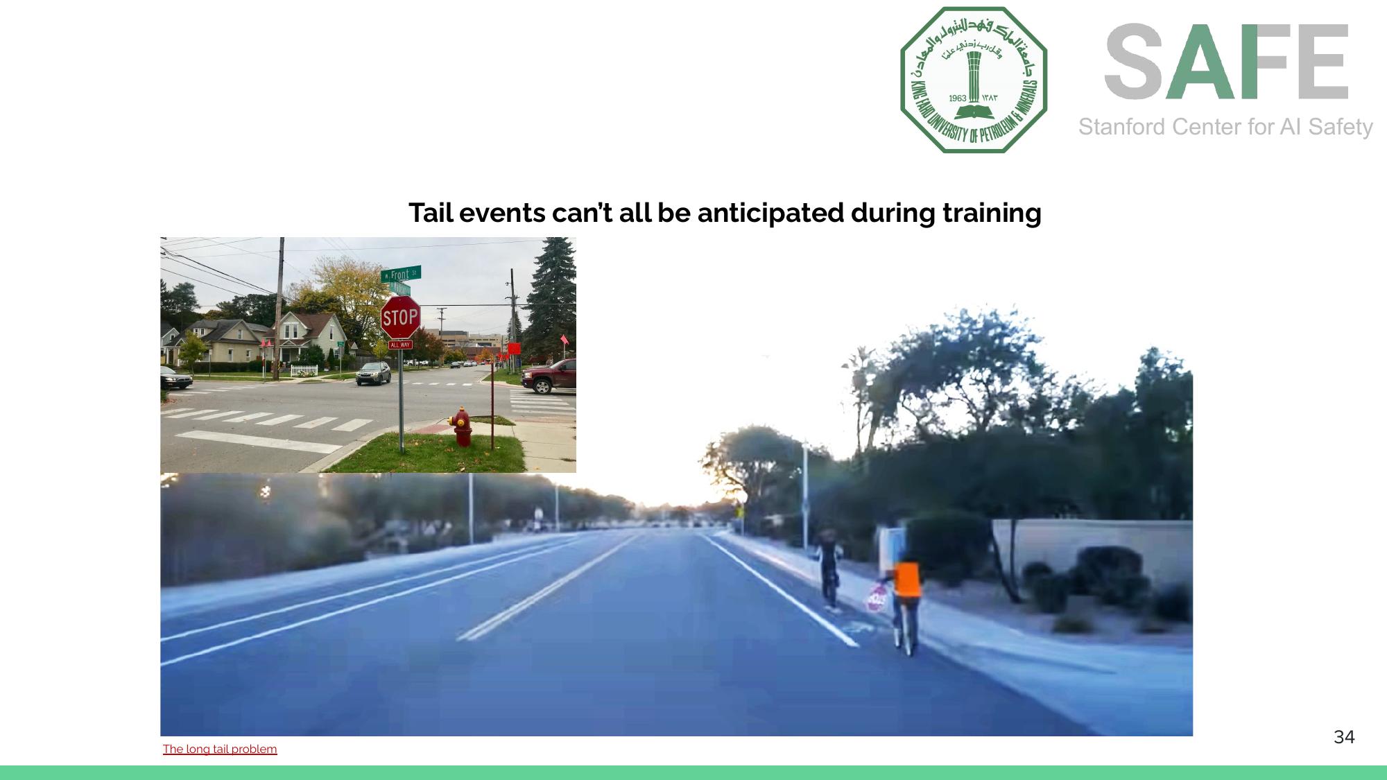 Tail events in autonomous driving that can't all be anticipated during training, including unusual road scenes and edge-case interactions.