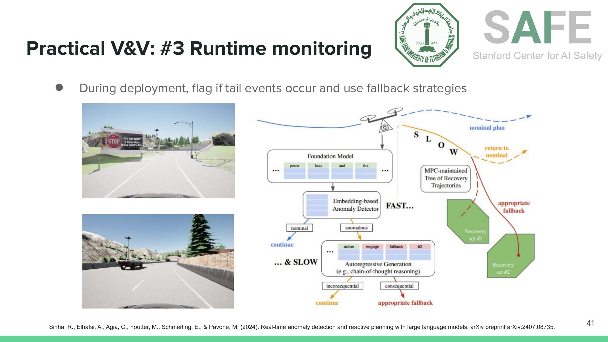 Runtime monitoring architecture: foundation model embeddings detect anomalies and trigger appropriate fallback strategies.