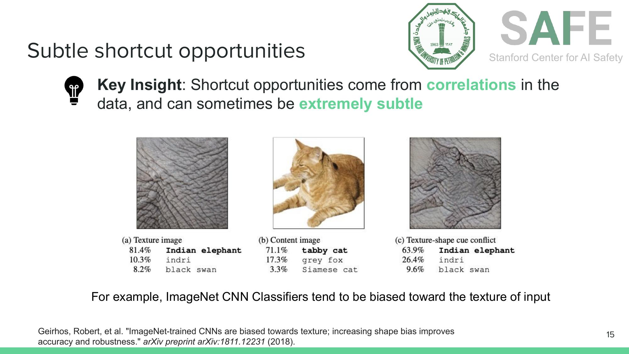 When a cat-shaped figure has elephant skin texture, the CNN classifies it as an elephant, revealing texture bias over shape recognition.