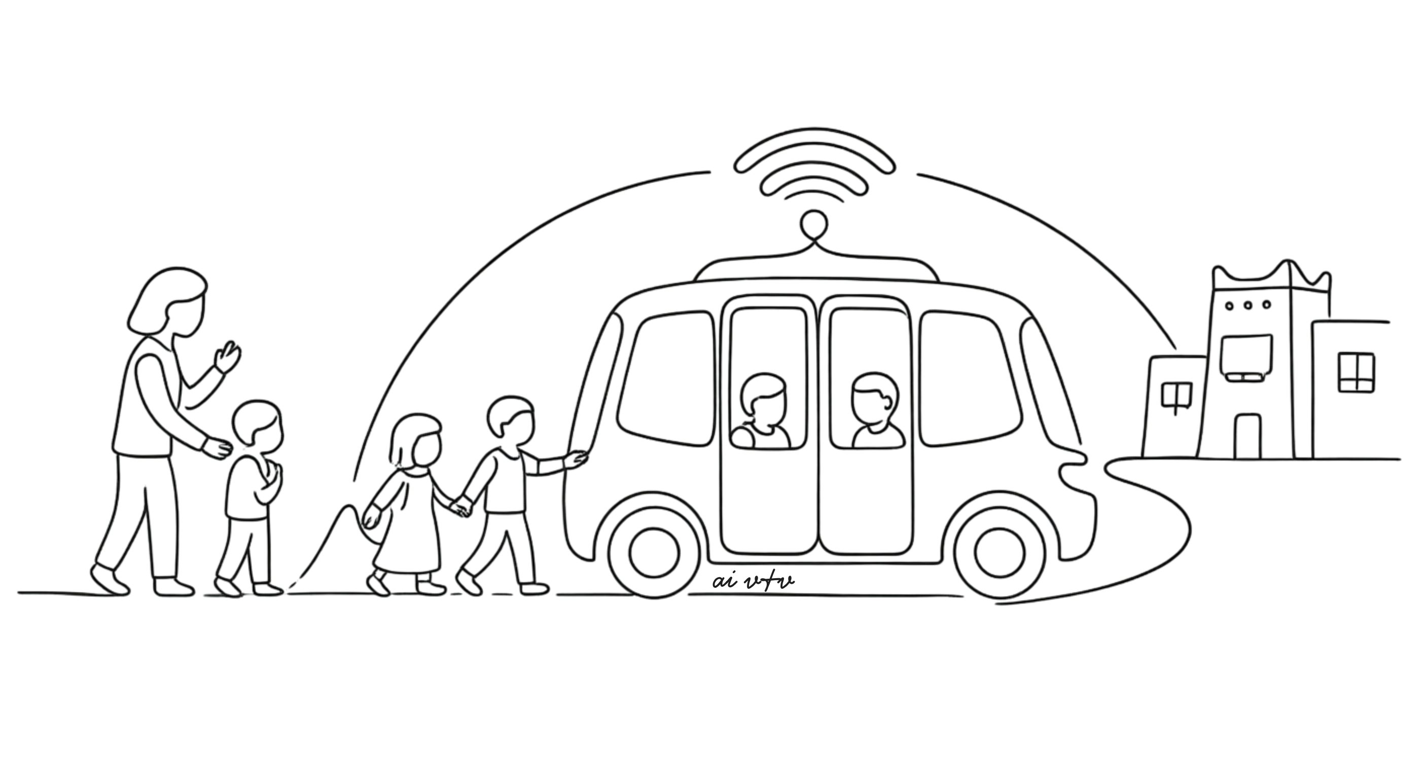 A parent watches their children board an autonomous shuttle in a smart city