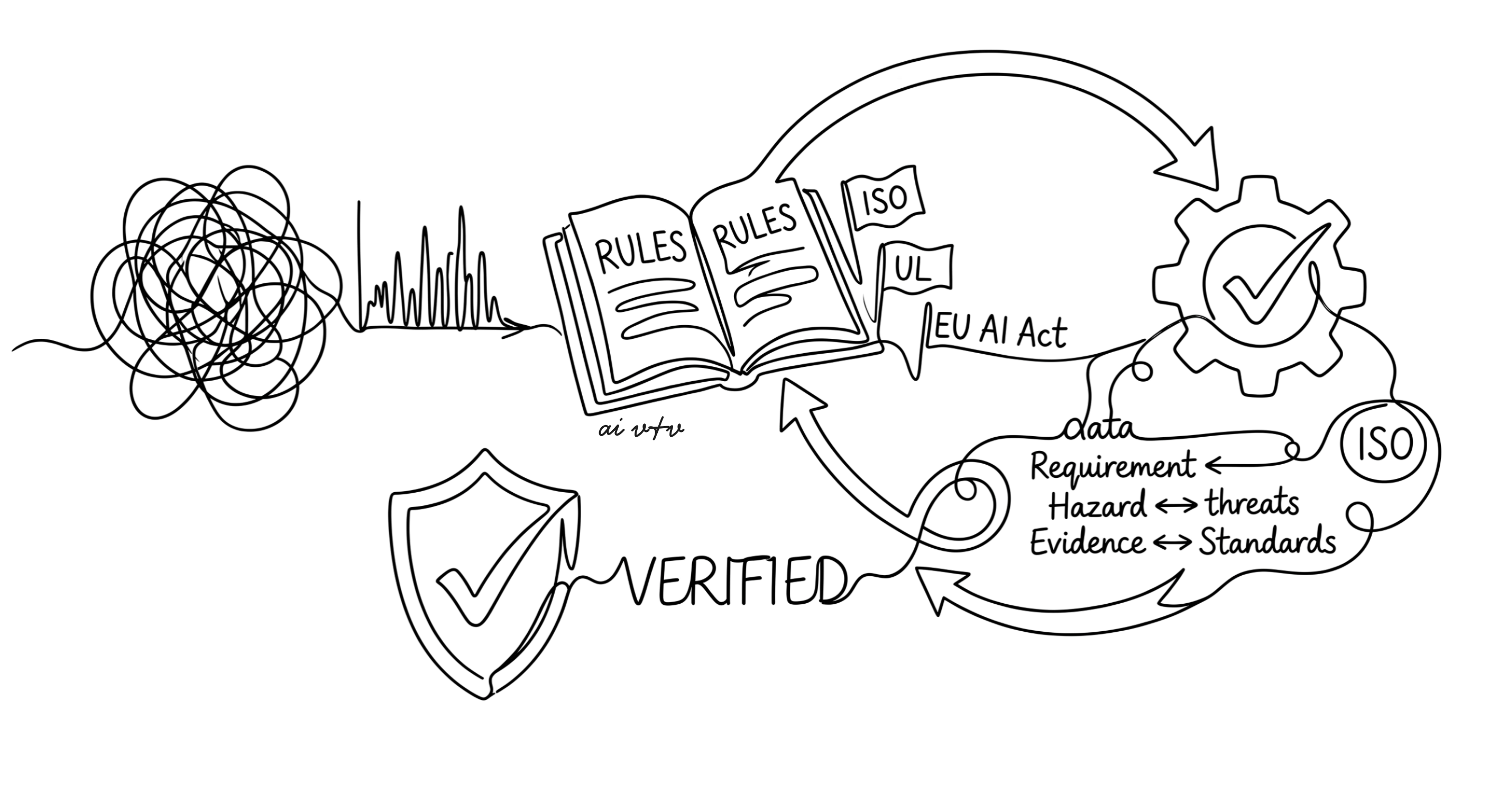 Diagram showing vnvspec workflow: from messy data through rules and standards (ISO, UL, EU AI Act) to verified evidence